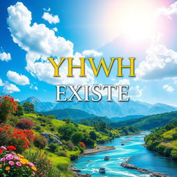 A vibrant book cover for 'YHWH EXISTE', featuring a paradise-inspired scene in vivid colors