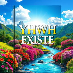 A vibrant book cover for 'YHWH EXISTE', featuring a paradise-inspired scene in vivid colors