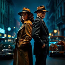 A full-body view of a 1940s detective pair, a stylish woman and a suave man, standing back-to-back in a dimly lit street