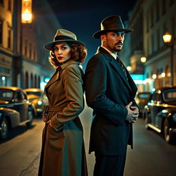 A full-body view of a 1940s detective pair, a stylish woman and a suave man, standing back-to-back in a dimly lit street