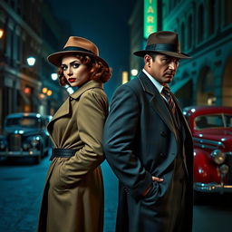 A full-body view of a 1940s detective pair, a stylish woman and a suave man, standing back-to-back in a dimly lit street