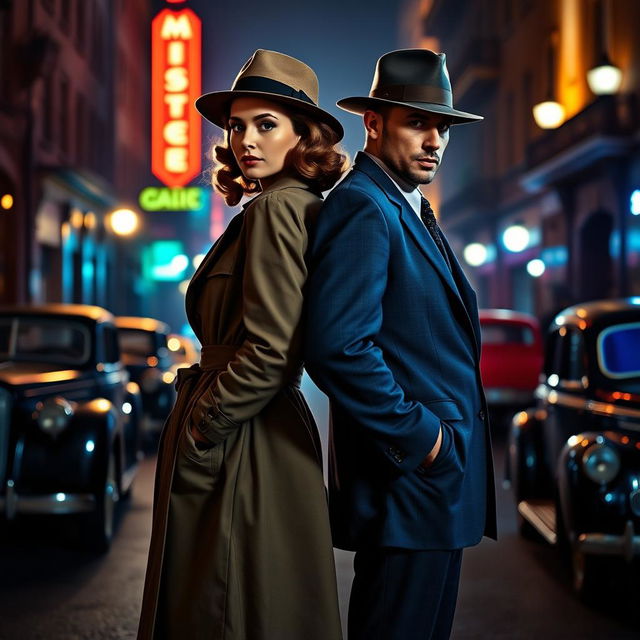 A full-body view of a 1940s detective pair, a stylish woman and a suave man, standing back-to-back in a dimly lit street