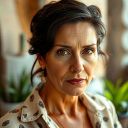 A Mediterranean woman aged between 35 and 45 with dark hair, wearing stylish and elegant clothing