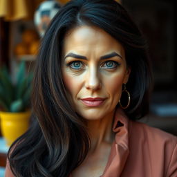 A Mediterranean woman aged between 35 and 45 with dark hair, wearing stylish and elegant clothing