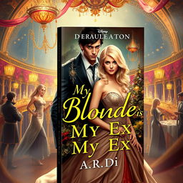 A captivating book cover set in a fantasy world, featuring a beautiful blonde woman dressed in an elegant gown, her ex-partner, a dark-haired man standing protectively behind her, looking apprehensive