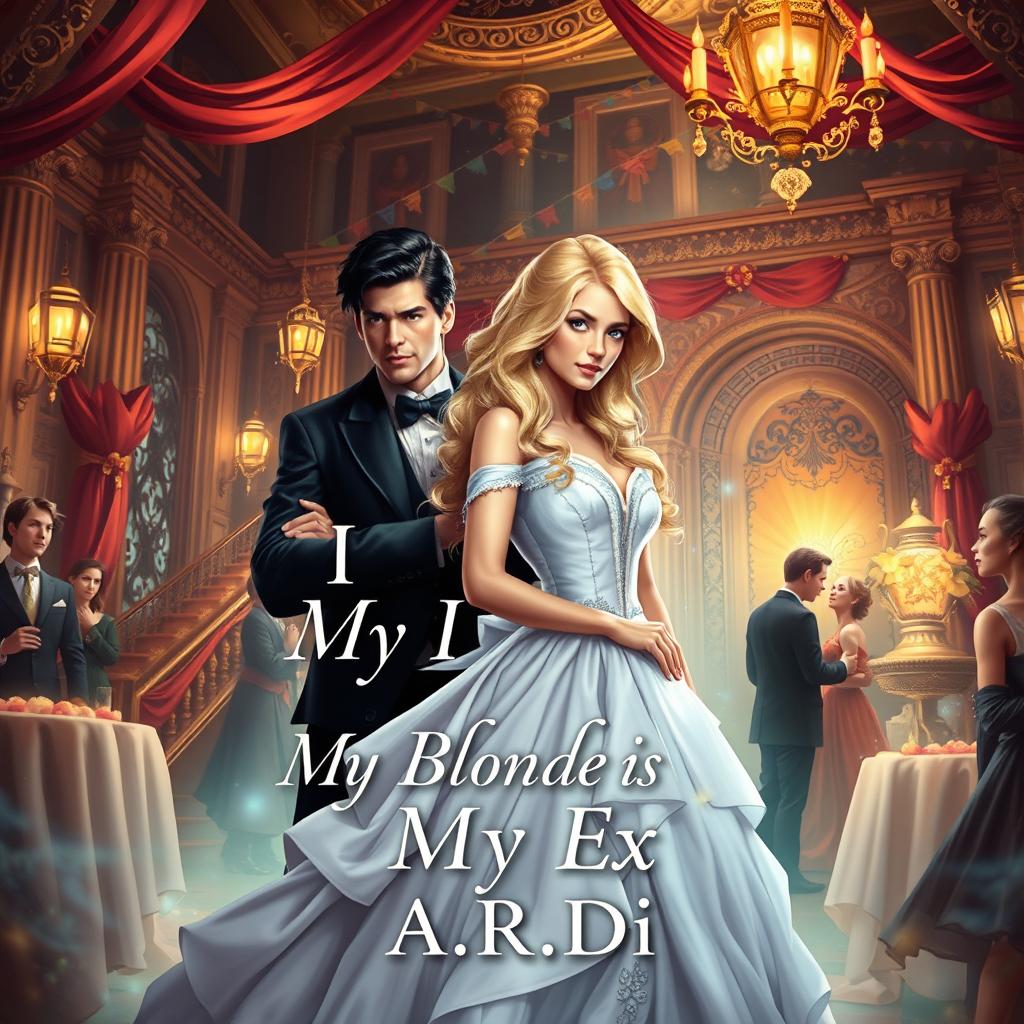 A captivating book cover set in a fantasy world, featuring a beautiful blonde woman dressed in an elegant gown, her ex-partner, a dark-haired man standing protectively behind her, looking apprehensive