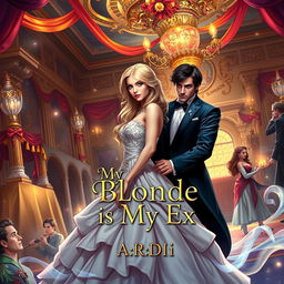 A captivating book cover set in a fantasy world, featuring a beautiful blonde woman dressed in an elegant gown, her ex-partner, a dark-haired man standing protectively behind her, looking apprehensive
