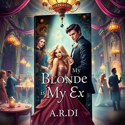 A captivating book cover set in a fantasy world, featuring a beautiful blonde woman dressed in an elegant gown, her ex-partner, a dark-haired man standing protectively behind her, looking apprehensive