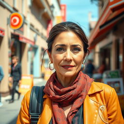 A woman aged between 35 and 50 years with Turkish features, having either dark or light hair, dressed stylishly in modern clothing