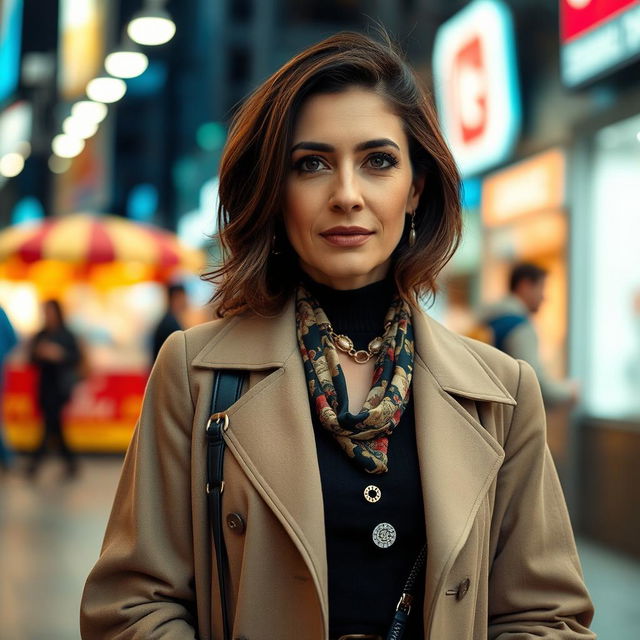 A woman aged between 35 and 50 years with Turkish features, having either dark or light hair, dressed stylishly in modern clothing