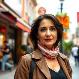 A woman aged between 35 and 50 years with Turkish features, having either dark or light hair, dressed stylishly in modern clothing