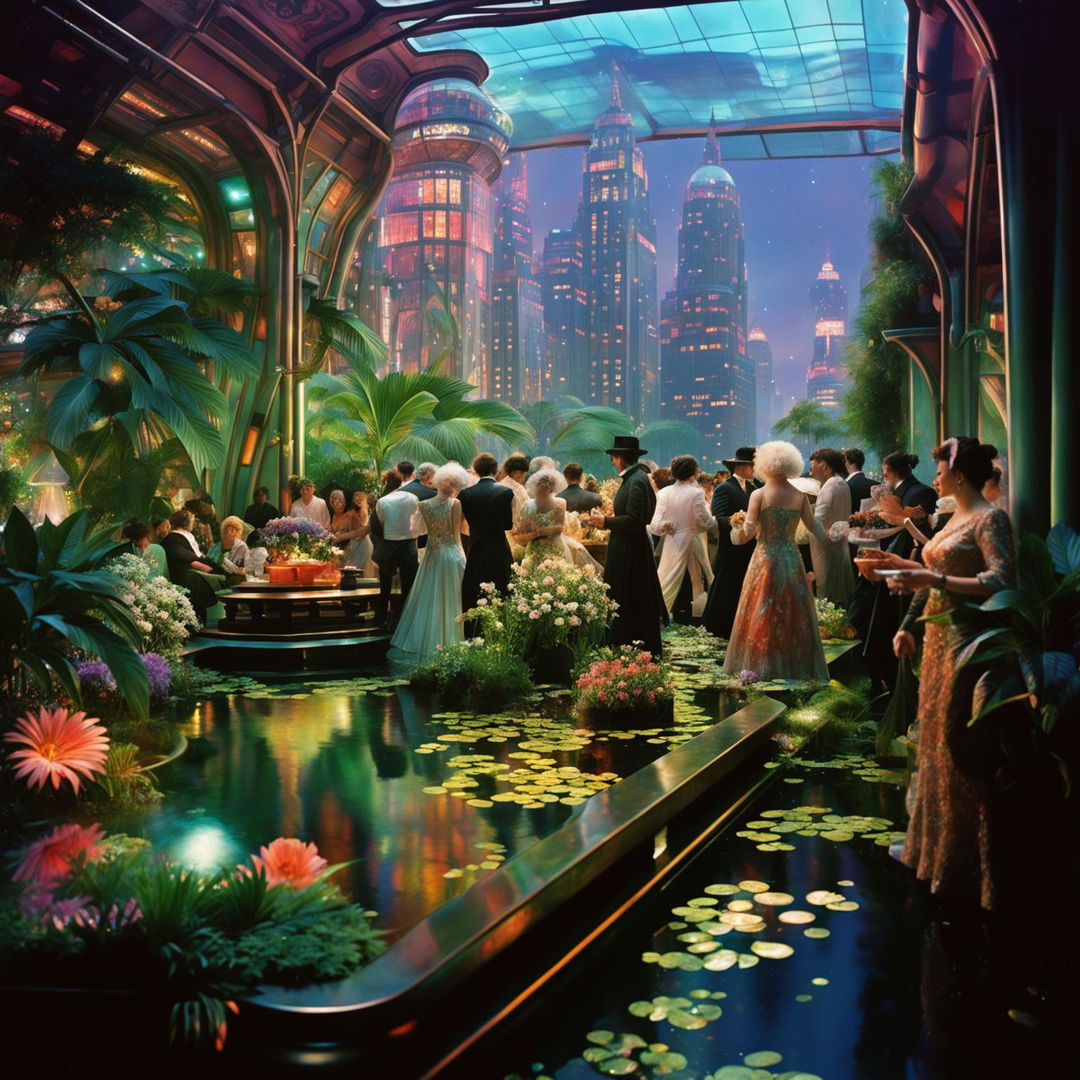 20mm HD photograph of an Art Nouveau-Cyberpunk garden party in a glass sky city.