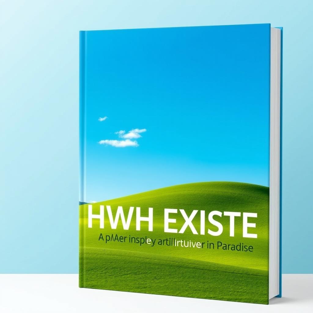 A minimalist book cover for 'YHWH EXISTE', featuring a simple paradise-inspired landscape in vibrant colors