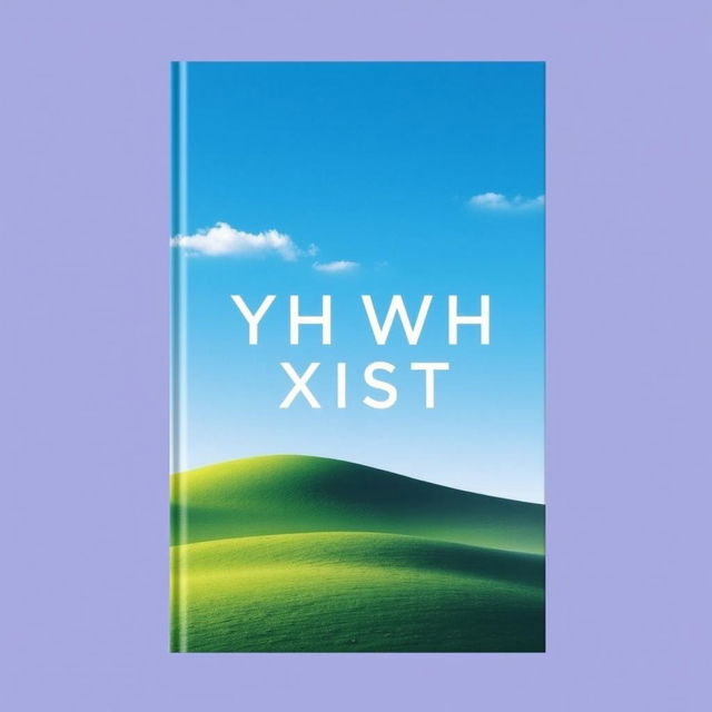 A minimalist book cover for 'YHWH EXISTE', featuring a simple paradise-inspired landscape in vibrant colors