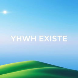 A minimalist book cover for 'YHWH EXISTE', featuring a simple paradise-inspired landscape in vibrant colors