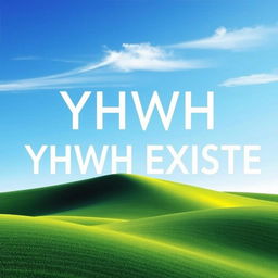 A minimalist book cover for 'YHWH EXISTE', featuring a simple paradise-inspired landscape in vibrant colors