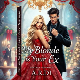 A whimsical book cover for a fantasy romance titled 'My Blonde is My Ex', featuring a stunning blonde woman in a festive gown, with a dark-haired, apprehensive man standing protectively behind her