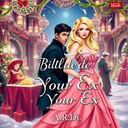 A whimsical book cover for a fantasy romance titled 'My Blonde is My Ex', featuring a stunning blonde woman in a festive gown, with a dark-haired, apprehensive man standing protectively behind her
