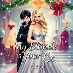 A whimsical book cover for a fantasy romance titled 'My Blonde is My Ex', featuring a stunning blonde woman in a festive gown, with a dark-haired, apprehensive man standing protectively behind her