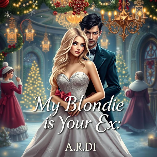 A whimsical book cover for a fantasy romance titled 'My Blonde is My Ex', featuring a stunning blonde woman in a festive gown, with a dark-haired, apprehensive man standing protectively behind her