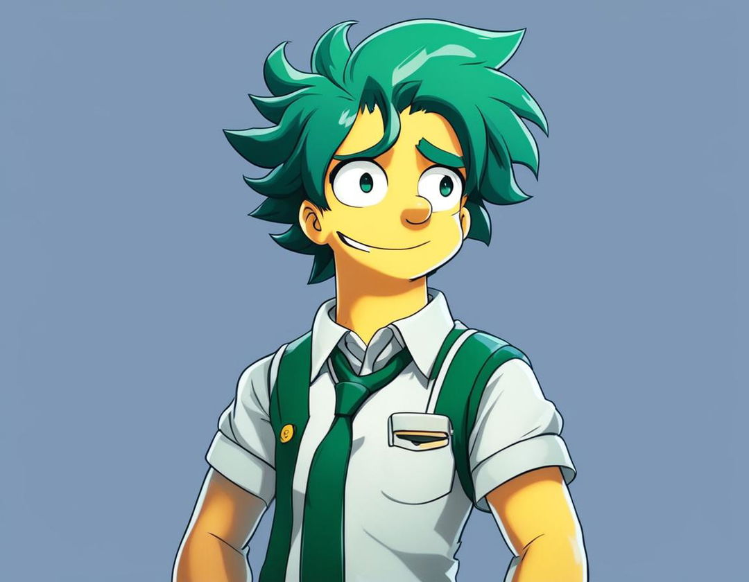 Simpsons-style portrait of Midoriya from My Hero Academia with his green hair, large eyes, U