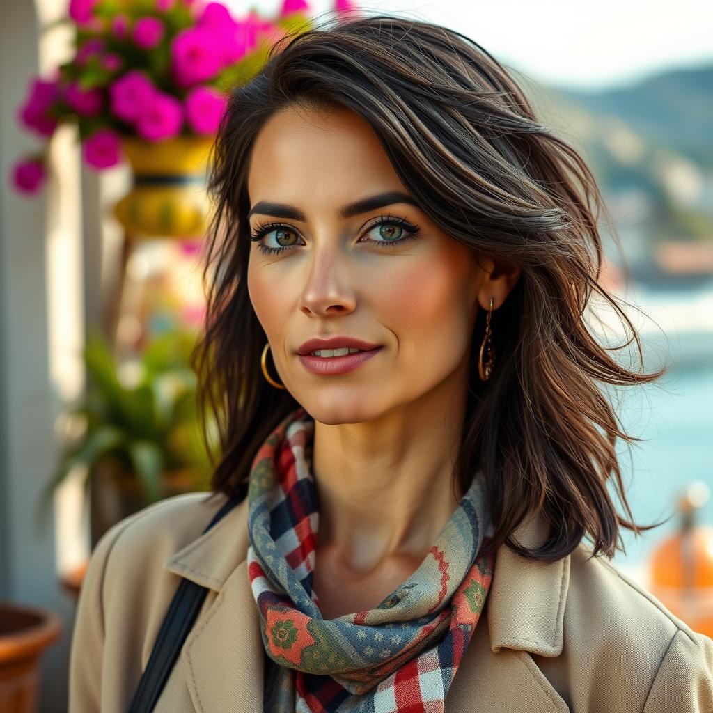 A beautiful woman aged 35-45 with dark hair, wearing fashionable clothing