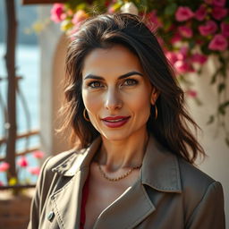 A beautiful woman aged 35-45 with dark hair, wearing fashionable clothing