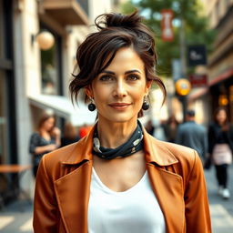 A 35-40 year old European woman with either dark or light hair, wearing stylish, contemporary clothing
