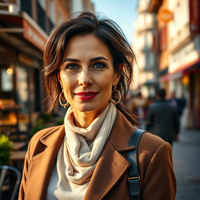 A 35-40 year old European woman with either dark or light hair, wearing stylish, contemporary clothing