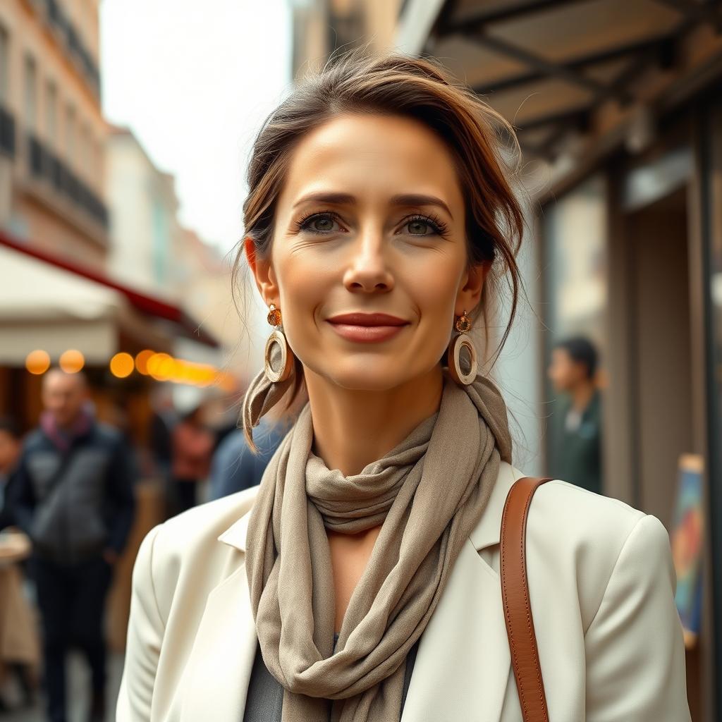 A 35-40 year old European woman with either dark or light hair, wearing stylish, contemporary clothing