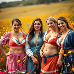 A group of sexy and provocative peasant women wearing traditional rural clothing with deep necklines that accentuate their large busts