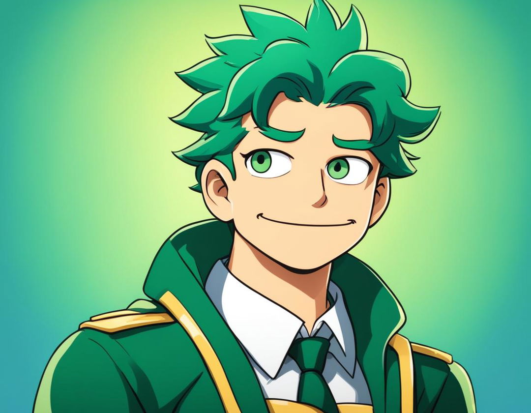 Simpsons-style portrait of Midoriya from My Hero Academia with his green hair, large eyes, U