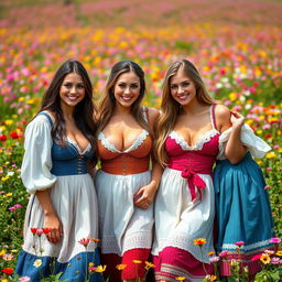 A group of sexy and provocative peasant women wearing traditional rural clothing with deep necklines that accentuate their large busts