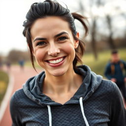 A 37-year-old European woman with dark hair and fair skin, dressed in a sporty hoodie