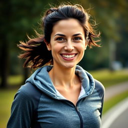 A 37-year-old European woman with dark hair and fair skin, dressed in a sporty hoodie