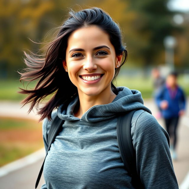 A 37-year-old European woman with dark hair and fair skin, dressed in a sporty hoodie