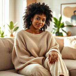 A stunning mulatto woman in comfortable home attire, exuding a relaxed yet alluring atmosphere