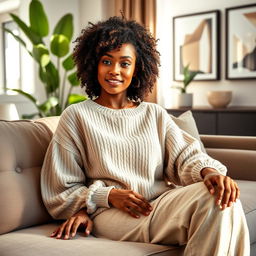 A stunning mulatto woman in comfortable home attire, exuding a relaxed yet alluring atmosphere