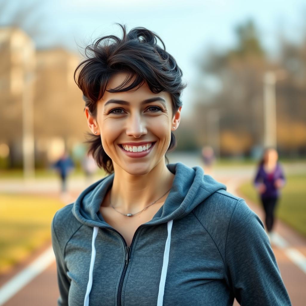 A 37-year-old European woman with dark hair and fair skin, dressed in a sporty hoodie