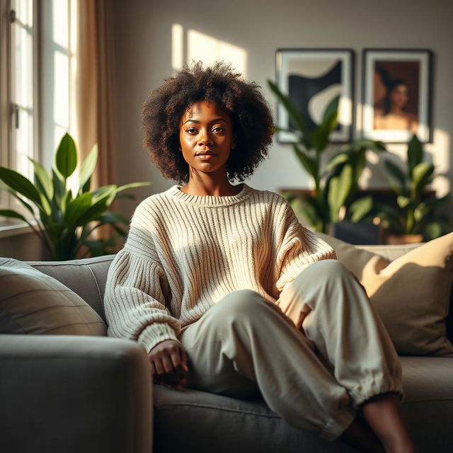 A stunning mulatto woman in comfortable home attire, exuding a relaxed yet alluring atmosphere