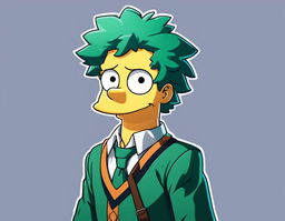 Simpsons-style portrait of Midoriya from My Hero Academia with his green hair, large eyes, U