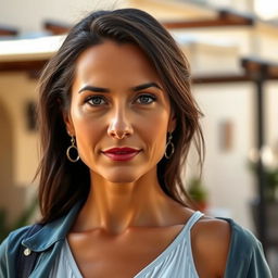 A Mediterranean woman aged 35-45 with dark hair and expressive eyes, wearing stylish clothing that complements her figure