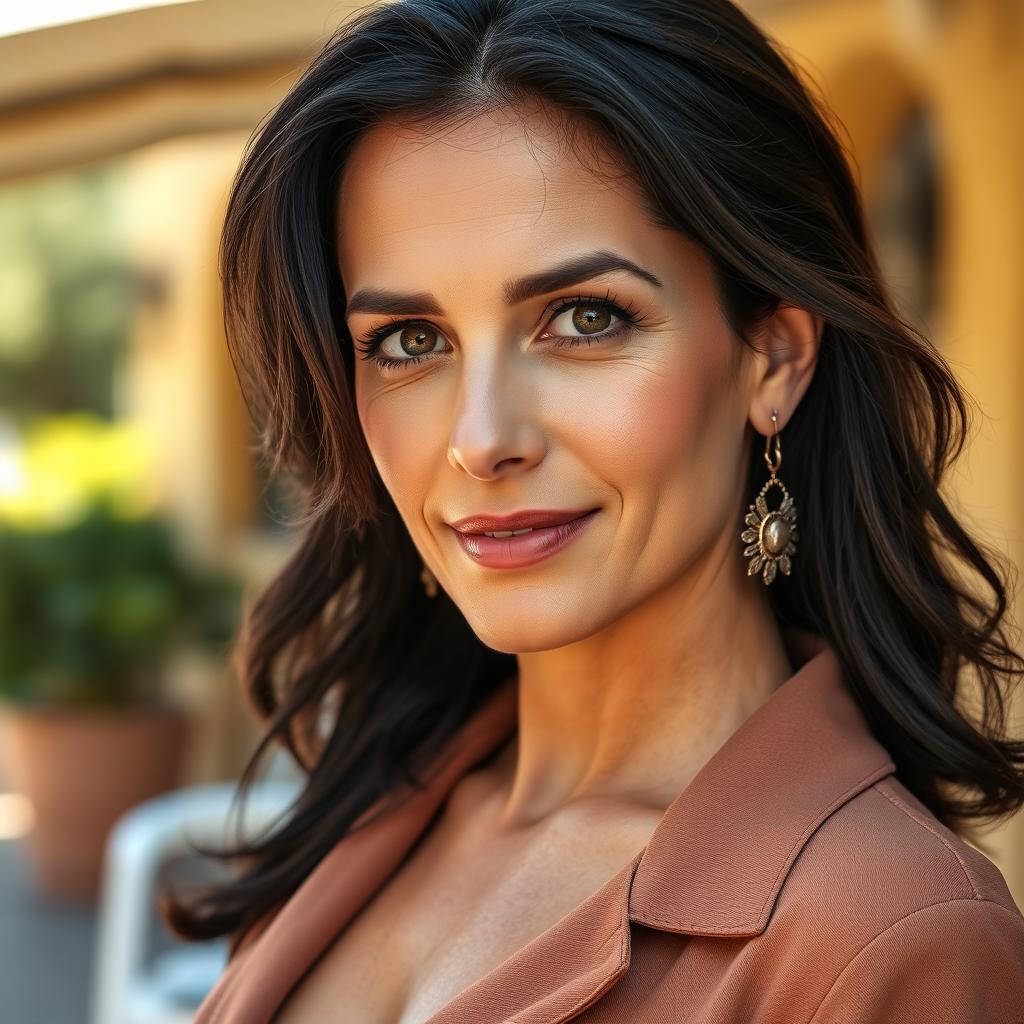 A Mediterranean woman aged 35-45 with dark hair and expressive eyes, wearing stylish clothing that complements her figure