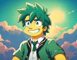 Simpsons-style portrait of Midoriya from My Hero Academia with his green hair, large eyes, U