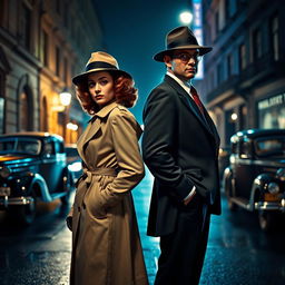 In full-body view, a 1940s detective pair, consisting of a stylish woman and a suave man, stand back-to-back in a shadowy street