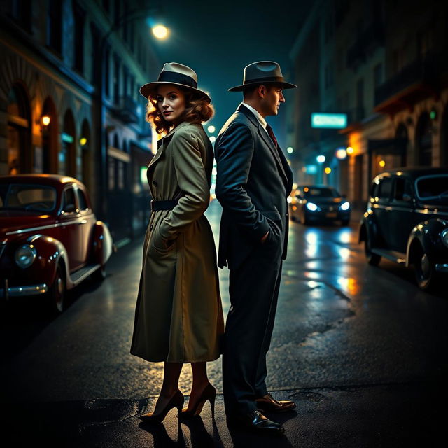 In full-body view, a 1940s detective pair, consisting of a stylish woman and a suave man, stand back-to-back in a shadowy street