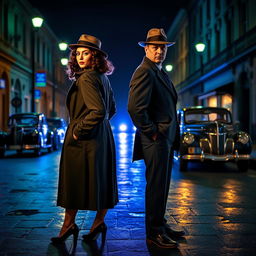 In full-body view, a 1940s detective pair, consisting of a stylish woman and a suave man, stand back-to-back in a shadowy street