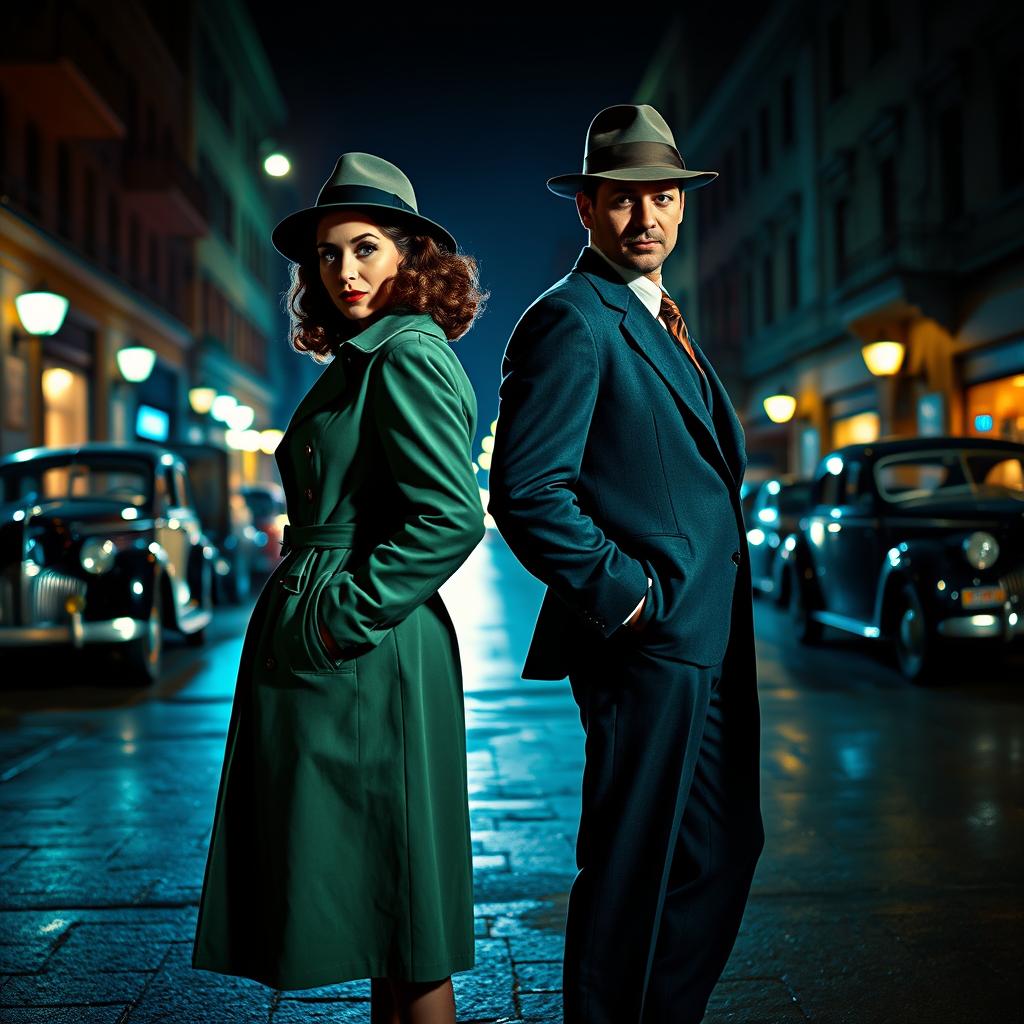 In full-body view, a 1940s detective pair, consisting of a stylish woman and a suave man, stand back-to-back in a shadowy street