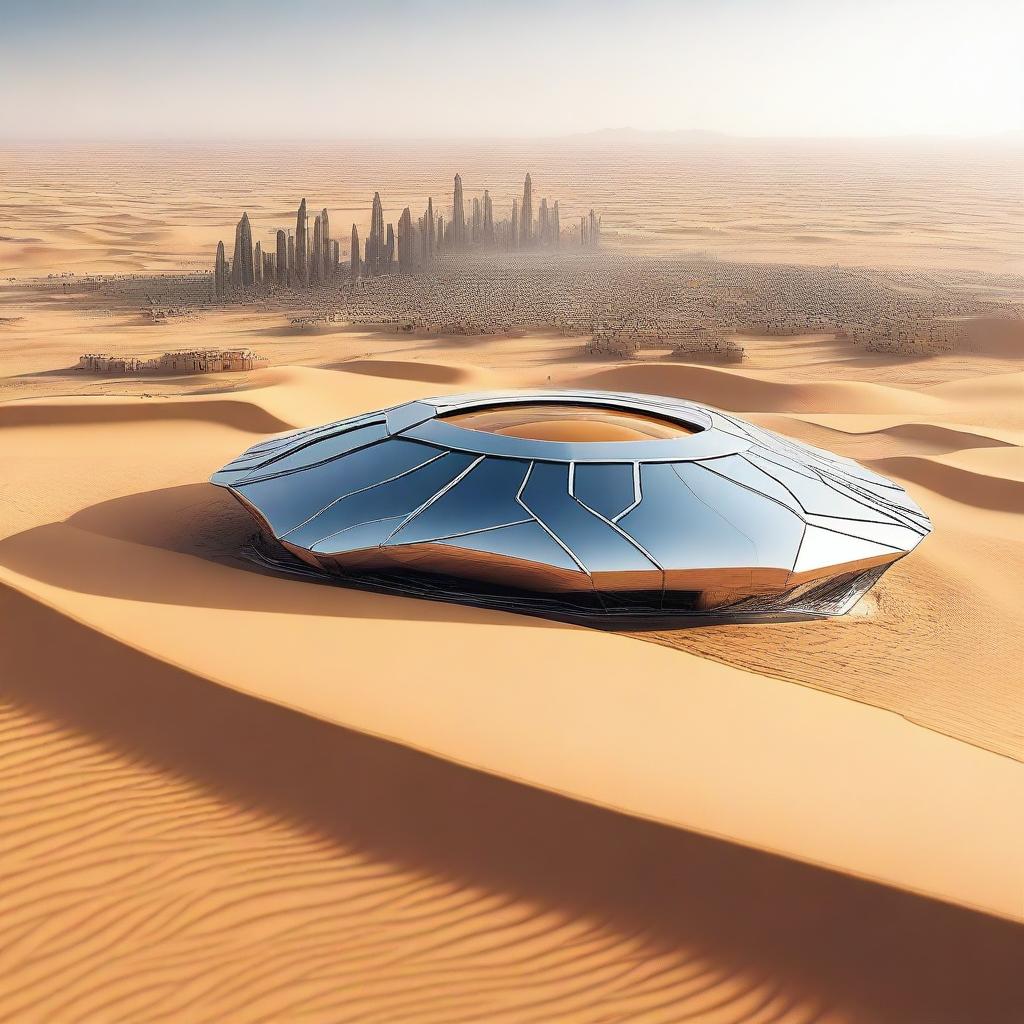 A futuristic octagonal cityscape situated in the desert landscape of Saudi Arabia