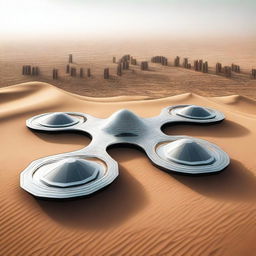 A futuristic octagonal cityscape situated in the desert landscape of Saudi Arabia